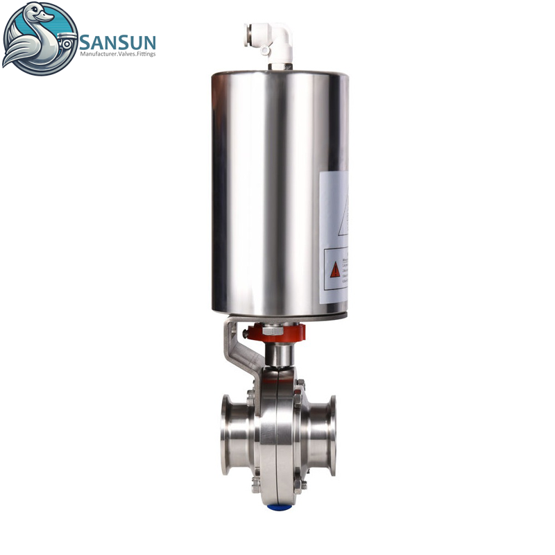 Válvula de mariposa neumática de triple abrazadera de acero inoxidable 316L para sistema de refrigeración líquida de centro de datos