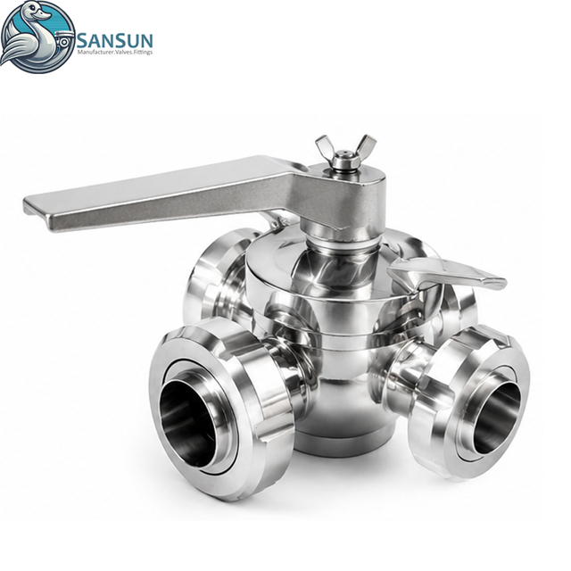 Válvula de tapón de 3 vías con extremo de unión sanitaria 316L de calidad alimentaria